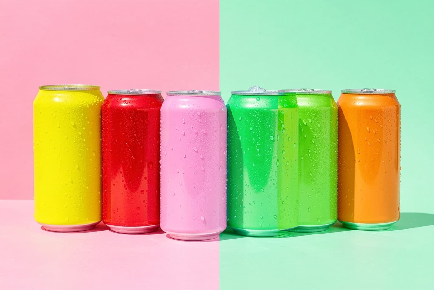 A row of colourful soda cans on pink and mint backdrops