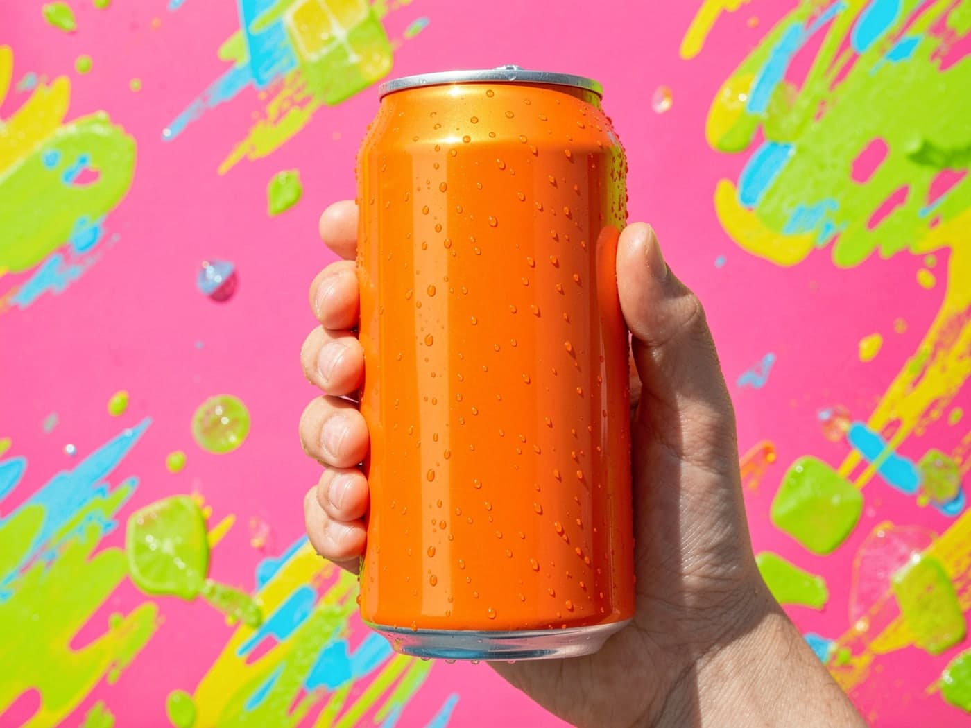 A hand holding an orange soda can against pink