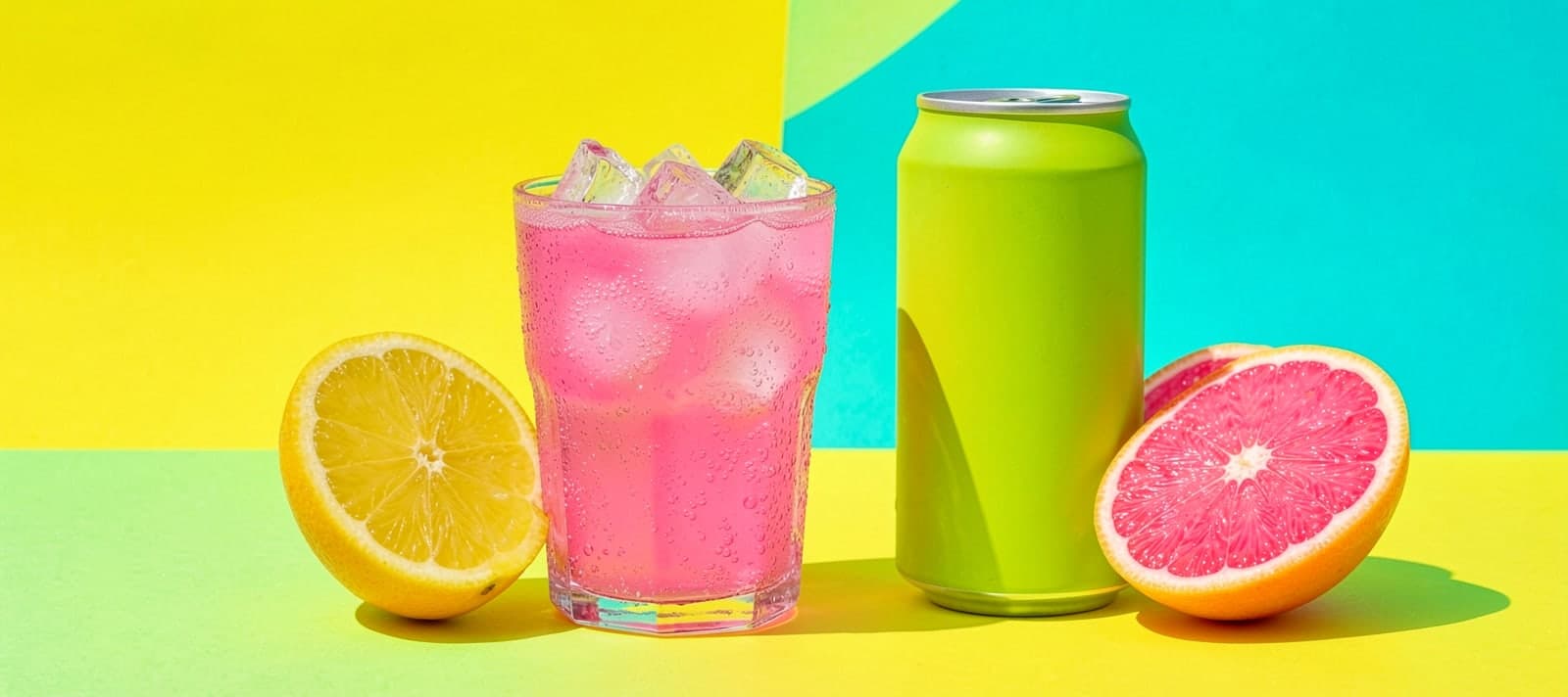 A glass of pink soda and a lime-green can with citrus on a yellow and teal backdrop